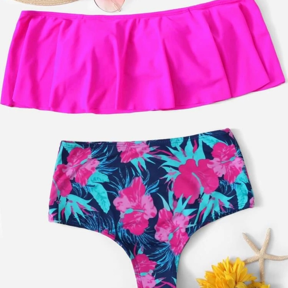 Pink floral off shoulder two piece Shein bathing suit